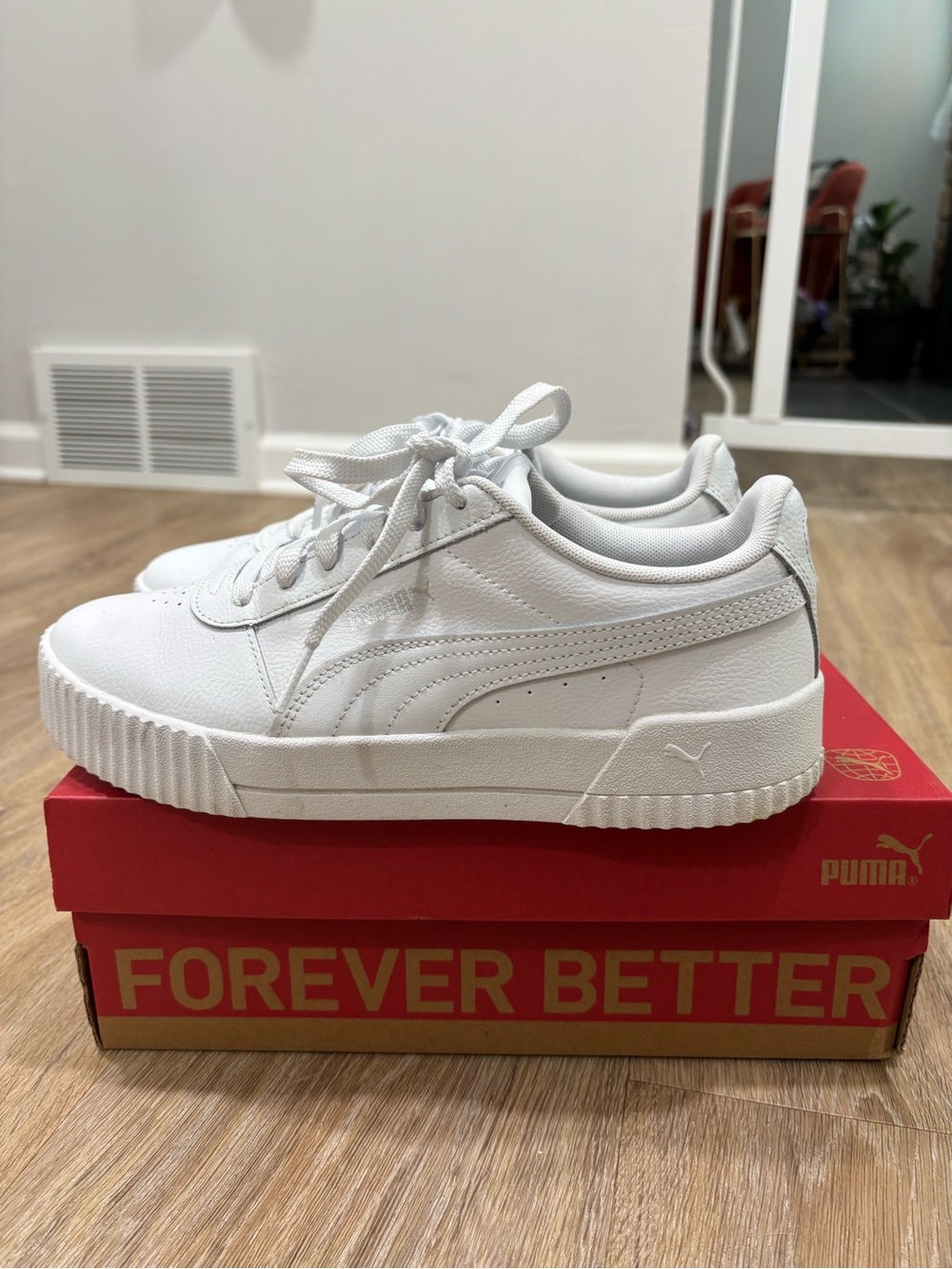 Puma Carina All-White Leather Low-Top Sneakers